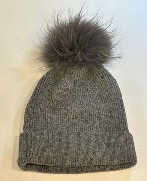 Norla Canada Gray Ribbed Angora Blend Beanie with 100% Raccoon Fur Pom Pom